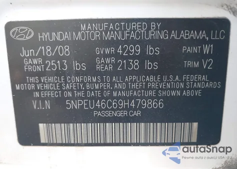 2009 Hyundai Sonata Limited z USA, uszkodzony, nr VIN 5NPEU46C69H479866